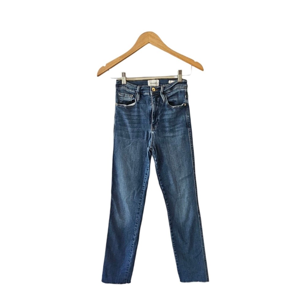Frame Le‎ Sylvie Slender Straight Leg High-Rise Raw Hem Jeans 26 Blue RARE